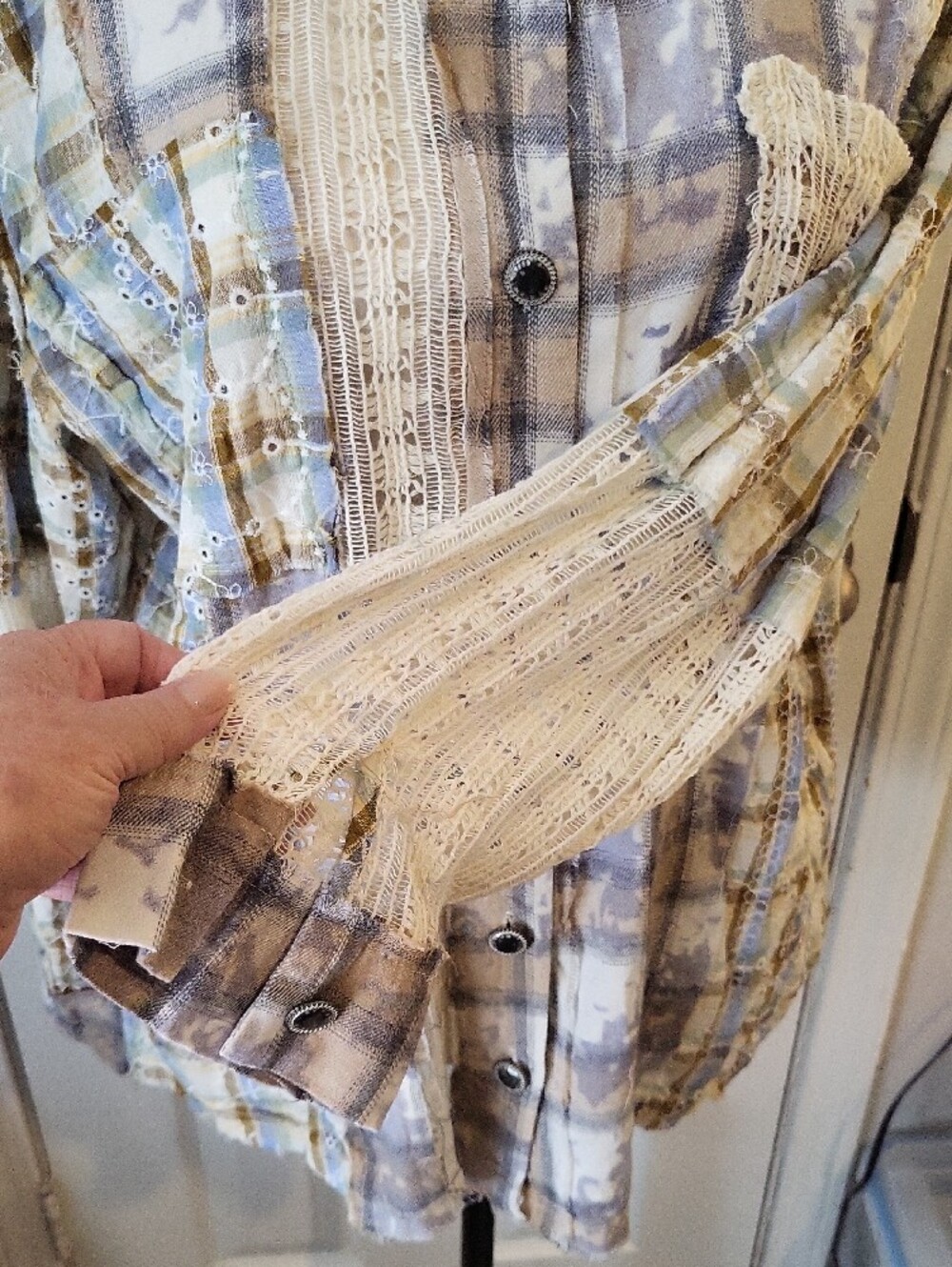 POL Patchwork Plaid Button-Up Shirt in Beige and Gray - Picture 4 of 8